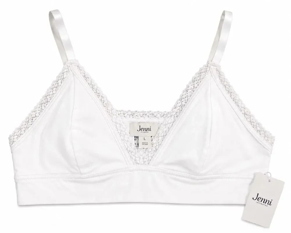 R-Jenni Intimates White Cotton Lace Trim Bralette Large NWT 95% Cotton Wireless